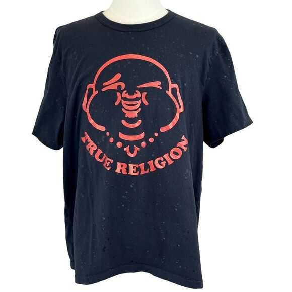 TRUE RELIGION Black Splatter Buddha‎ Wink Graphic T Shirt Sz 3XL Y2K AOP Retro - Picture 1 of 10